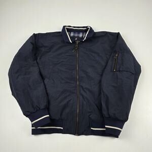 Brooksfield Jacket Mens Medium Navy Bomber Zip Plaid Lined Rib Knit Cuffs Hem